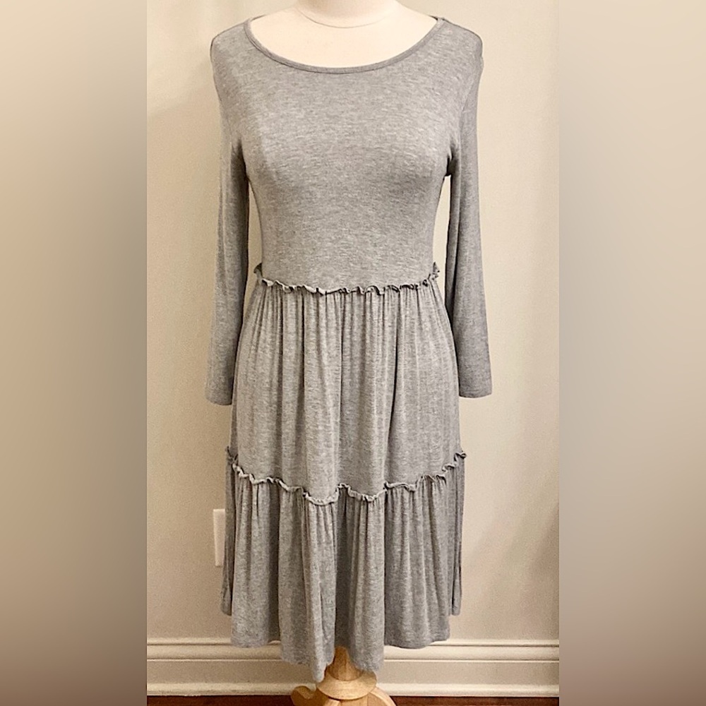 Cato Grey Heathered SZ S Cottagecore Boho Casual Feminine Peasant Ruffled Dress